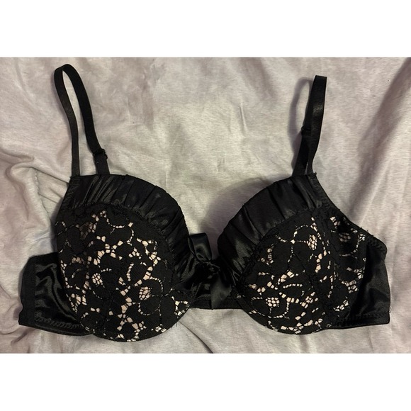 Marilyn Monroe Black Satin Trim Lace Detail Push-up Balconette Bra, 34B‎ - Picture 1 of 5